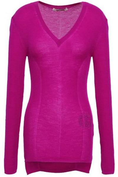 Shop Roberto Cavalli Woman Embroidered Wool And Cashmere-blend Sweater Magenta