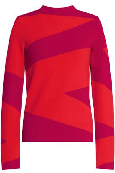 Shop Oscar De La Renta Woman Two-tone Stretch-knit Sweater Tomato Red
