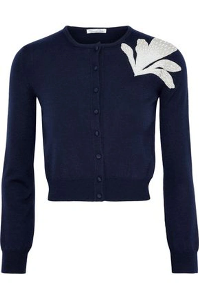 Shop Oscar De La Renta Woman Cropped Appliquéd Wool Cardigan Navy