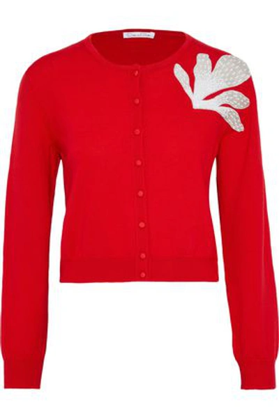 Shop Oscar De La Renta Woman Cropped Appliquéd Wool Cardigan Red