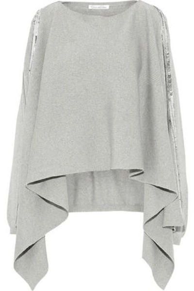 Shop Oscar De La Renta Sequin-embellished Draped Wool Sweater In Gray