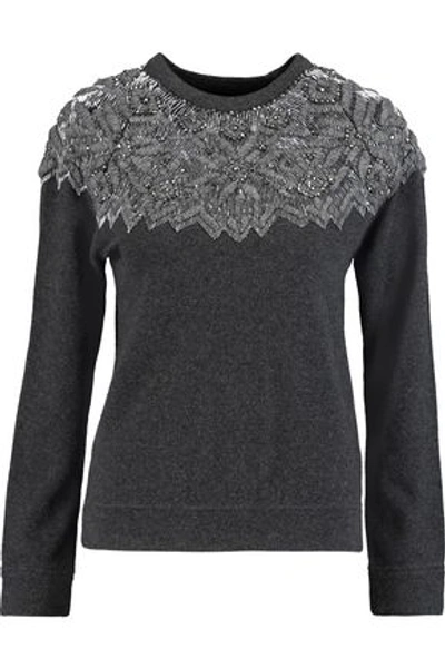 Shop Valentino Woman Embellished Wool And Cashmere-blend Sweater Charcoal