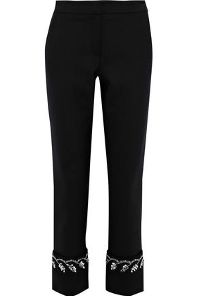 Shop Oscar De La Renta Woman Cropped Embellished Stretch-wool Straight-leg Pants Black