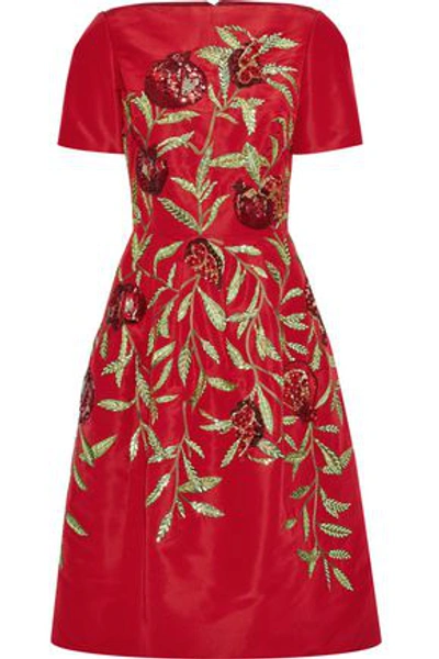 Shop Oscar De La Renta Woman Flared Embellished Silk-faille Midi Dress Crimson