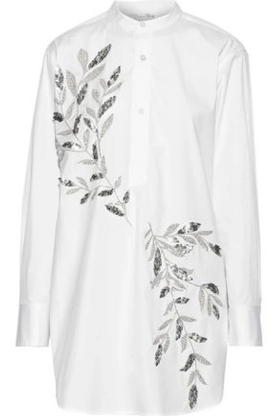 Shop Oscar De La Renta Woman Embellished Cotton-blend Poplin Tunic White