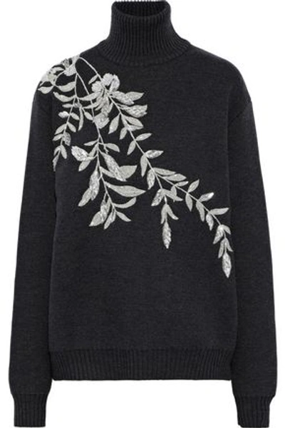 Shop Oscar De La Renta Embellished Wool Turtleneck Sweater In Charcoal