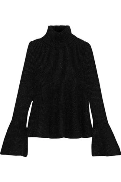 Shop Oscar De La Renta Woman Metallic Ribbed Wool-blend Turtleneck Sweater Black