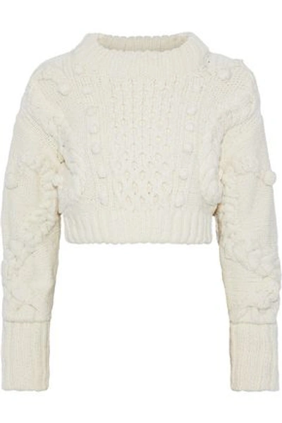 Shop Oscar De La Renta Woman Cropped Cable-knit Merino Wool-blend Sweater Ivory