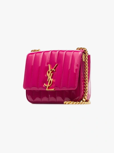 Shop Saint Laurent Pink Vicky Small Patent Leather Shoulder Bag In 5643 Pink