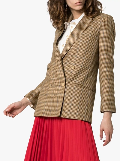 Shop Gucci Double-breasted Checked Floral-embroidered Blazer Jacket In 9321 Brown