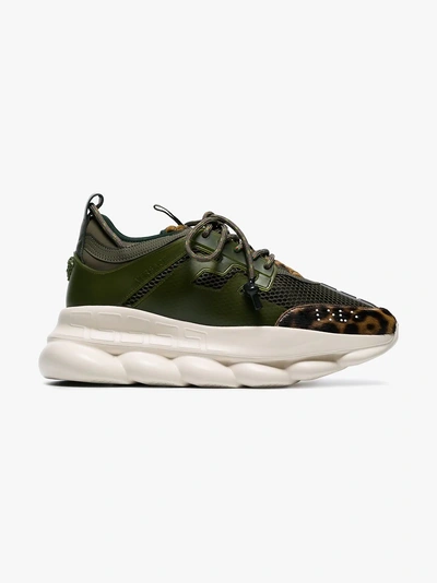 Shop Versace Khaki Green Chain Reaction Leopard Print Low-top Leather Sneakers In K3uk Green