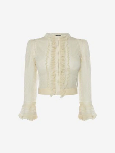 Shop Alexander Mcqueen Knitted Ruffle Cardigan In Bone