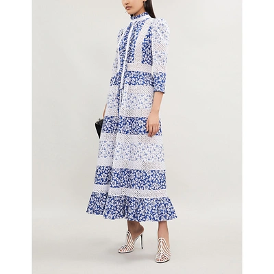 Shop Alexander Mcqueen Contrast-floral Pattern Cotton-poplin Dress In White/blue