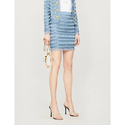 Shop Balmain Fringe-trim Woven Skirt In Blue