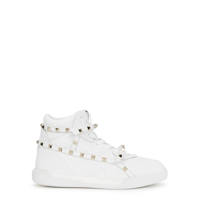 Shop Valentino Rockstud Armor White Leather Hi-top Trainers