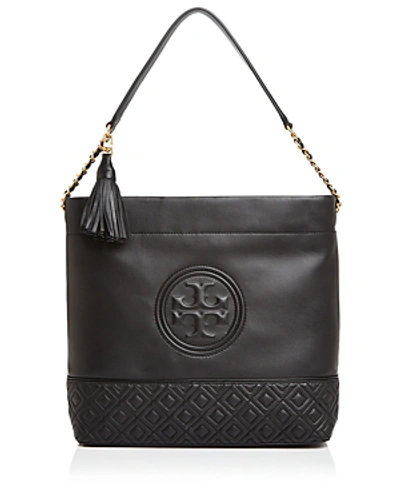 Shop Tory Burch Fleming Leather Hobo In Black/silver