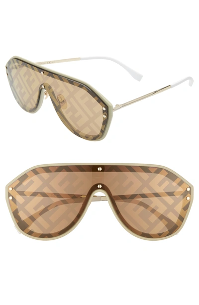 Shop Fendi 147mm Logo Lens Shield Sunglasses In Beige/ Gold
