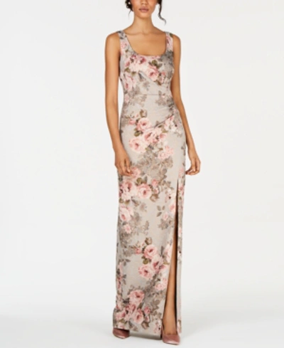 Shop Adrianna Papell Metallic Floral-print Gown In Slate/blush Multi