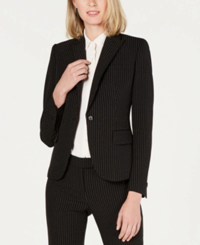 Shop Anne Klein One-button Pinstripe Crepe Jacket In Black/white