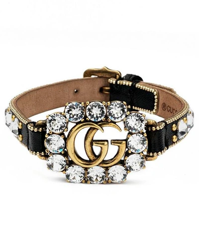 Shop Gucci Crystal Double G Leather Bracelet In Gold