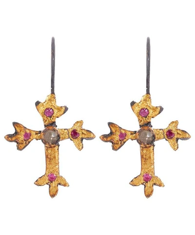 Shop Acanthus Oxidised Silver Victoria Diamond And Ruby Cross Drop Earrings In Gold