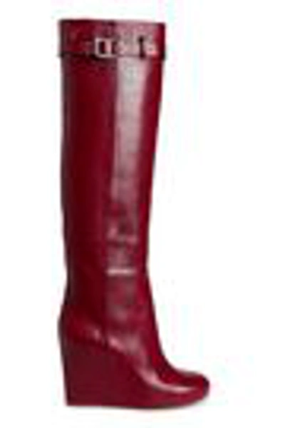 Shop Victoria Beckham Buckled Leather Wedge Knee Boots In Claret