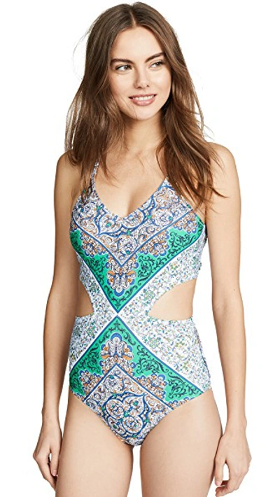 Shop Tory Burch Printed Cutout One Piece Swimsuit In Grand Voyage Classic