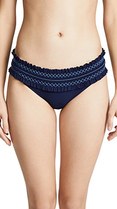 Tory Burch Costa Smocked Hipster Bikini Bottoms In Navy/light Blue