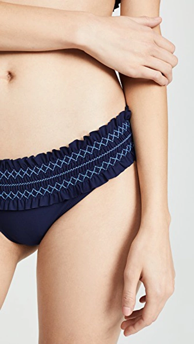Tory Burch Costa Smocked Hipster Bikini Bottoms In Navy/light Blue