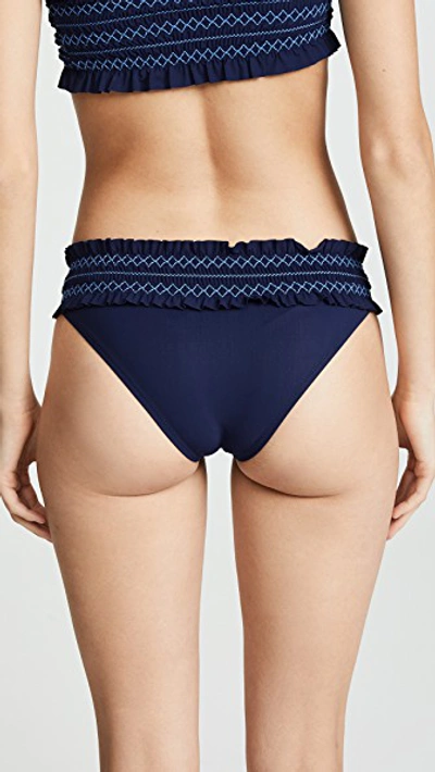 Tory Burch Costa Smocked Hipster Bikini Bottoms In Navy/light Blue