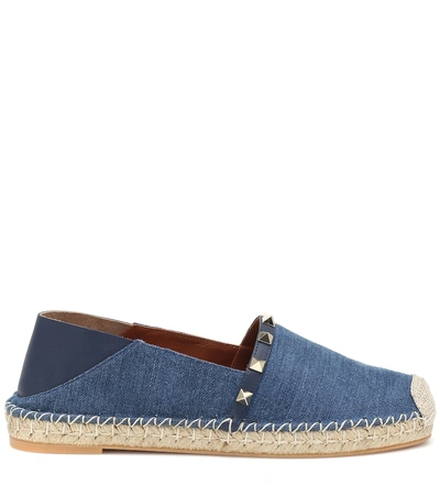 Shop Valentino Rockstud Denim Espadrilles In Blue