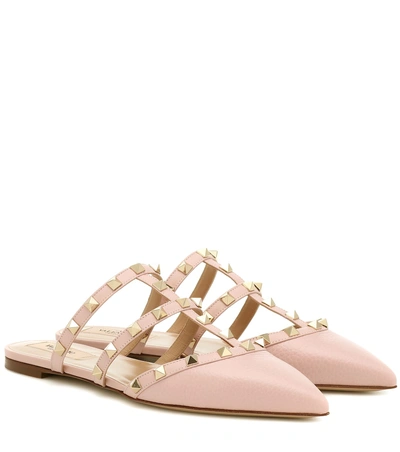 Shop Valentino Rockstud Leather Slippers In Pink