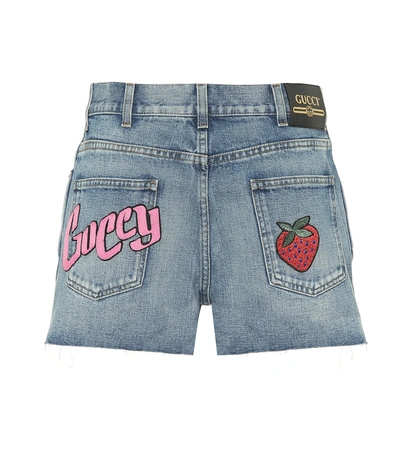 Shop Gucci Appliquéd Denim Shorts In Blue