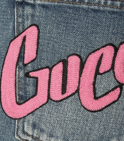 Shop Gucci Appliquéd Denim Shorts In Blue