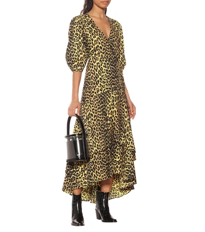 Shop Ganni Printed Cotton Wrap Dress In Yellow