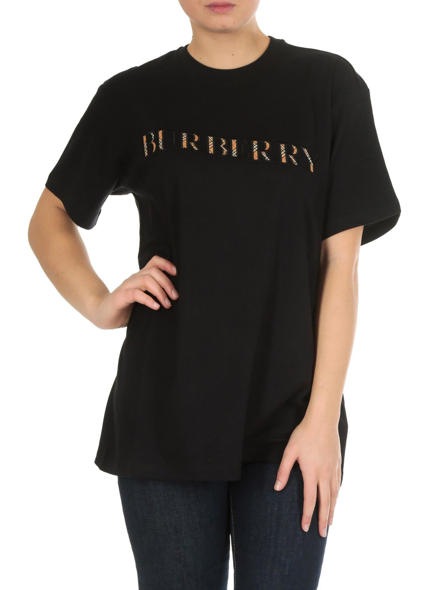 Burberry Check Logo T-shirt In Black | ModeSens