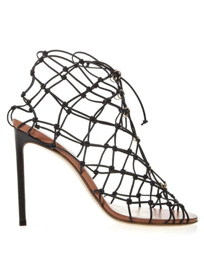 Shop Francesco Russo Black Leather Fishnet Sandals