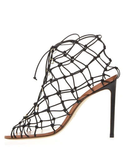 Shop Francesco Russo Black Leather Fishnet Sandals