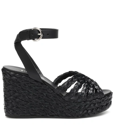 Shop Prada Leather Espadrille Wedge Sandals In Black