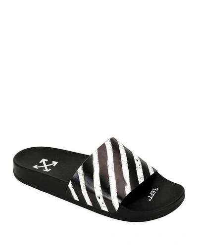 Shop Off-white Men's Spray-stripe Pool Slide Sandals In Black