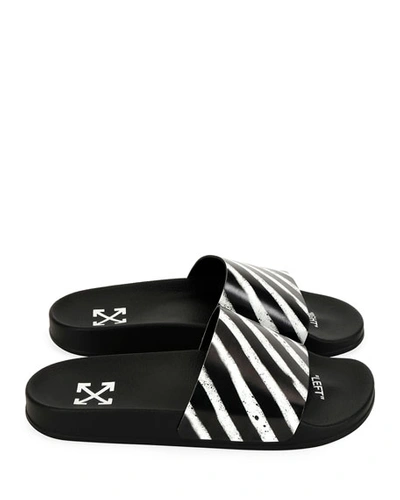 Shop Off-white Men's Spray-stripe Pool Slide Sandals In Black