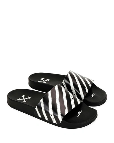 Shop Off-white Men's Spray-stripe Pool Slide Sandals In Black