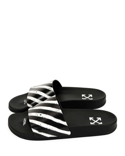 Shop Off-white Men's Spray-stripe Pool Slide Sandals In Black