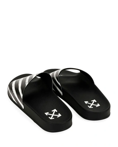 Shop Off-white Men's Spray-stripe Pool Slide Sandals In Black