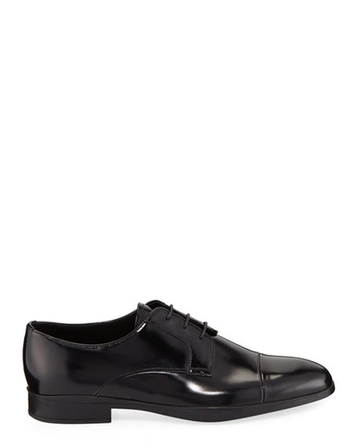 Shop Prada Men's Spazzolato Leather Lace-up Dress Shoes In Black