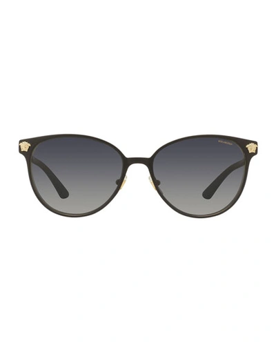 Shop Versace Polarized Medusa Head Round Sunglasses In Gray Pattern