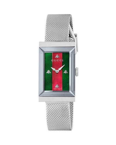 Shop Gucci G-frame Rectangular Mother-of-pearl Watch W/ Mesh Strap In White