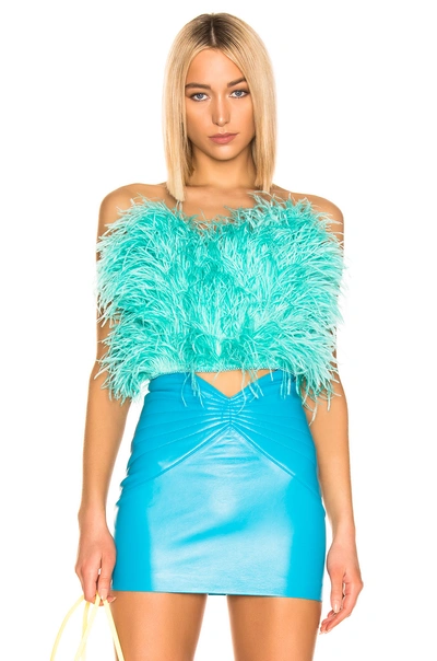 Shop Attico Ostrich Feather Strapless Top In Blue. In Mint