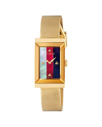 Shop Gucci G-frame Rectangular Mother-of-pearl Watch W/ Mesh Strap, Gold