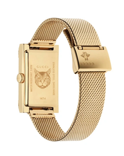 Shop Gucci G-frame Rectangular Mother-of-pearl Watch W/ Mesh Strap, Gold